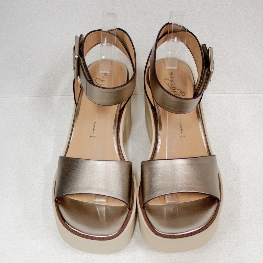 Naked Feet Iconoclast Silver Leather Platform Block Heel Sandals 8.5M
